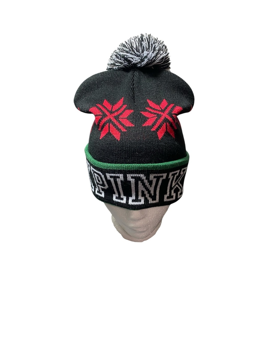 PINK Victoria's Secret Black Green Red Snowflake Knit Beanie Hat Cap